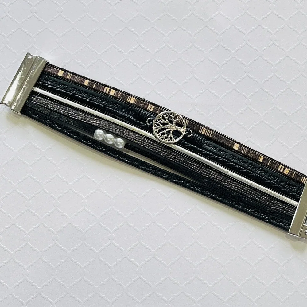 Multilayer Leather Bangle Magnetic Clasp Bracelet for Men or Women 7.5in‎ Black
